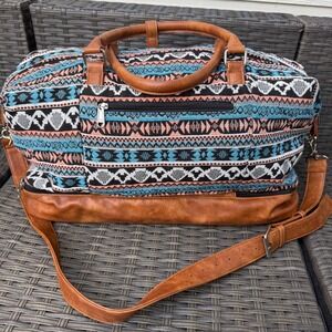 S-ZONE Tribal Woven Weekender Duffel Bag Blue Coral Geometric Shoe Compartment